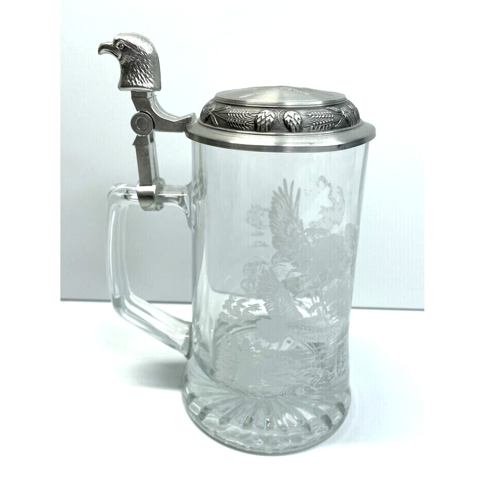 Vintage German Domex Glass & Pewter Lid Beer Stein Eagles‎ Flying Etched Design